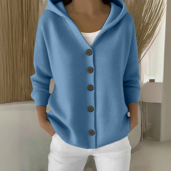 Women's Solid Color Button Front Hooded Sweater,Casual Open Cardigan Jacket with Cozy Fabric,Long Sleeve Loungewear Essential for Autumn and Winter Daily Wear,Soft Comfortable Outerwear Layer Blue L
