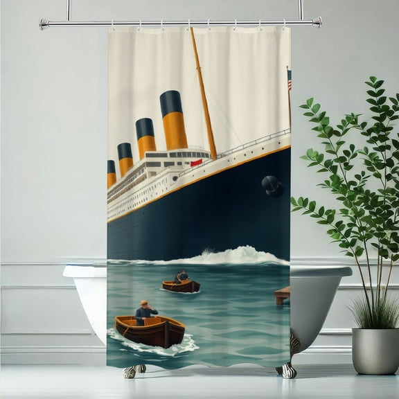 RKSupls Waterproof Shower Curtain, Vintage Ocean Liner Dock Scene, Polyester Fabric with Rustproof Hooks, Mildew Resistant & Quick Dry Washable for Chic Home Bathtub Decor