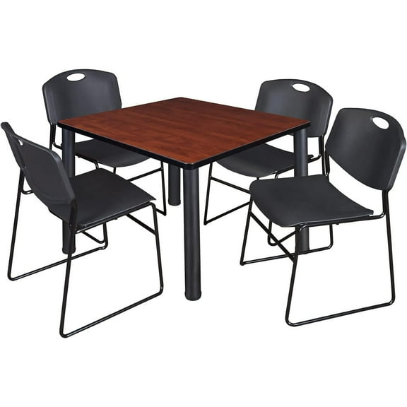 Homestock Art Nouveau Allure 36" Square Lounge Table Cherry/ Black With 4 Nesting Chairs, Black - Ergonomic Breakroom Furniture Set For Staff Break Room, Tables & Chair, Breakroom Set