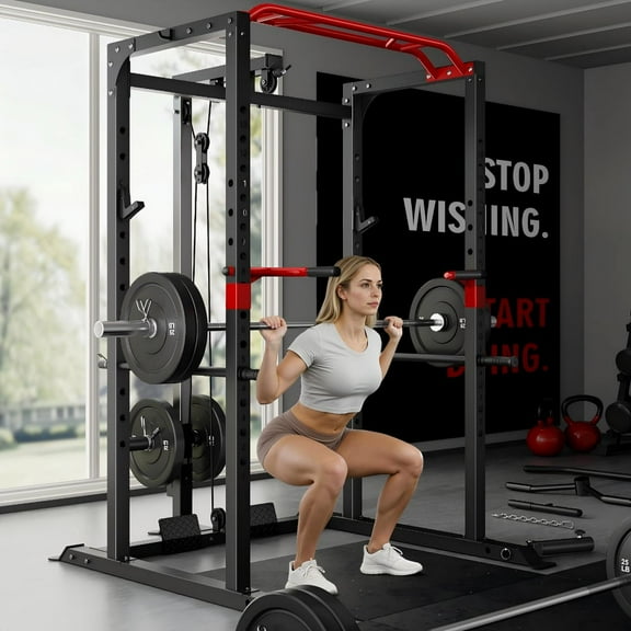 Allviate Squat Rack for Home Gym,2000lbs Power Rack Squat Machine with LAT Pulldown and More Training Attachments,Weight Rack with Adjustable Pulley System for Full Body Workout,Black