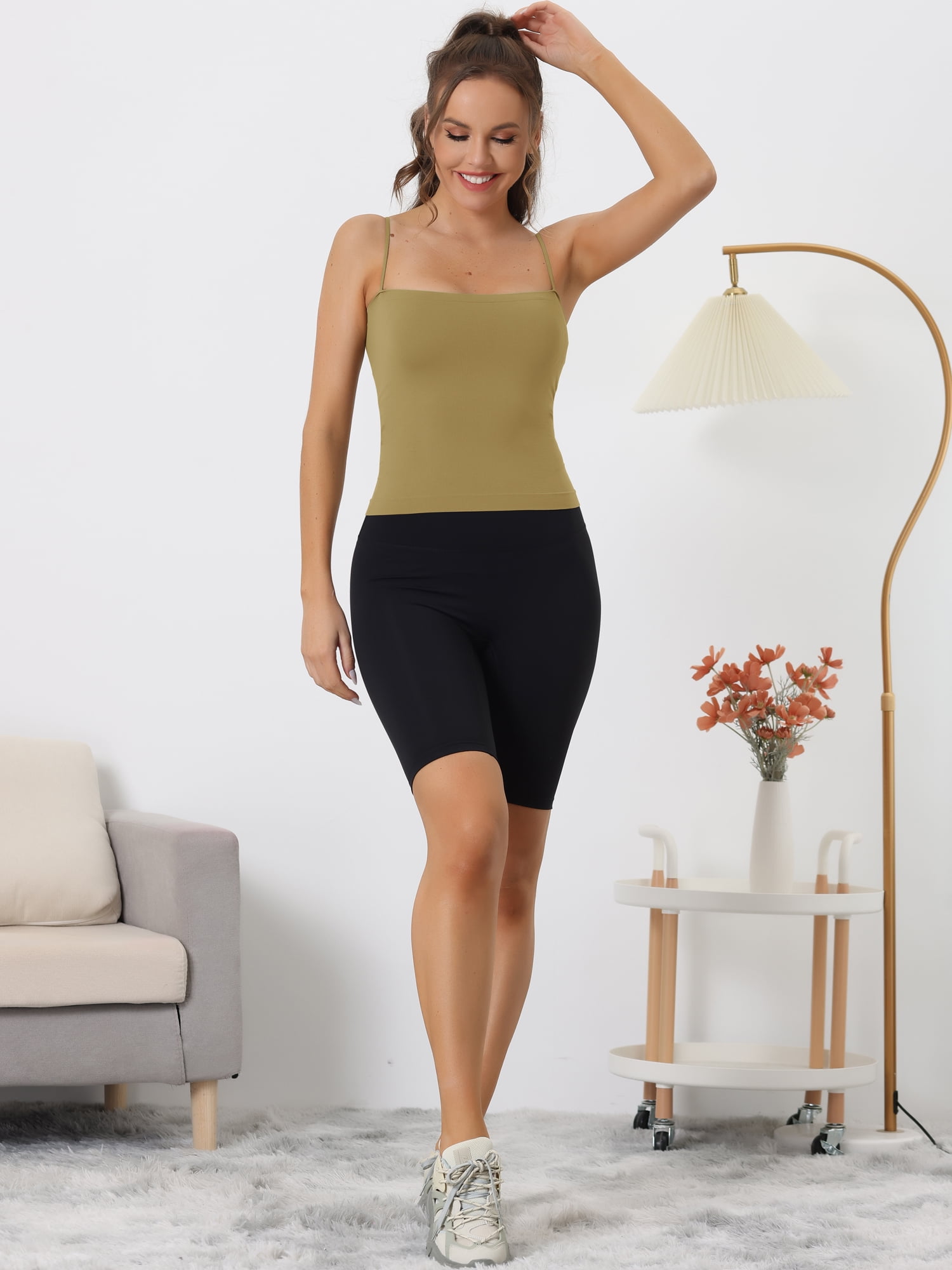 Unique Bargains Women's Bandeau Camisole Spaghetti Strap Padded Sleeveless Tank Top XS Green