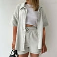thumbnail image 2 of WAYUTE Shorts Sets Women 2 Piece Outfits Solid Color Short Sleeve Button Shirt and Casual Shorts Comfortable Casual Travel Summer Outfit, 2 of 6