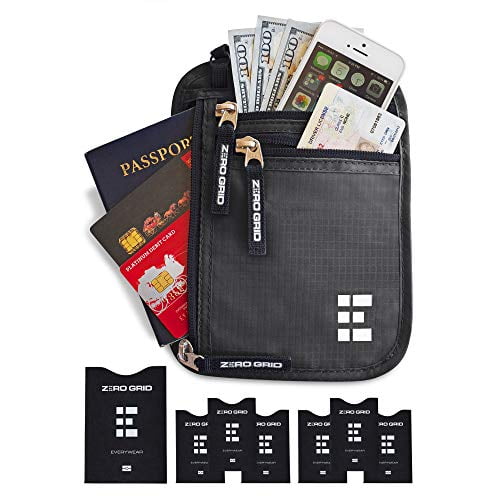 Zero Grid Neck Wallet w/RFID Blocking- Concealed Travel Pouch & Passport Holder