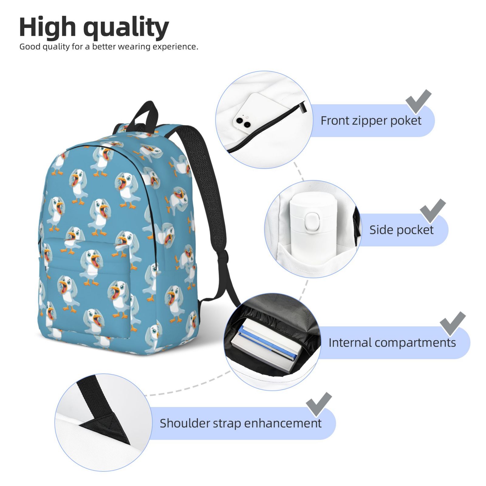 Travel Laptop Backpack - cartoon Seagull Lightweight Canvas Backpack, Wear Resistant Computer Backpack Bag Fit {sizeName} Laptop for Men Women with Adjustable Padded Shoulder Straps