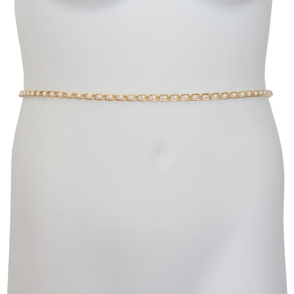 eVogues Plus Size Faux Pearl Gold Chain Link Adjustable Waist Belt 18820