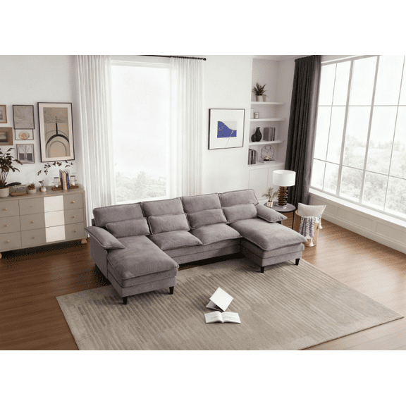 Haodian U shape Modular Sectional Sofa with Movable Ottomans, Modern Chenille Deep Seat Couches for Living Room, Apartment, Office, 4-Seat, Grey