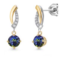 Gem Stone King 925 Silver and 10K Yellow Gold Blue Mystic Topaz and White Lab Grown Diamond Stud Earrings for Women | 1.05 Cttw | Gemstone November Birthstone | Round 5MM