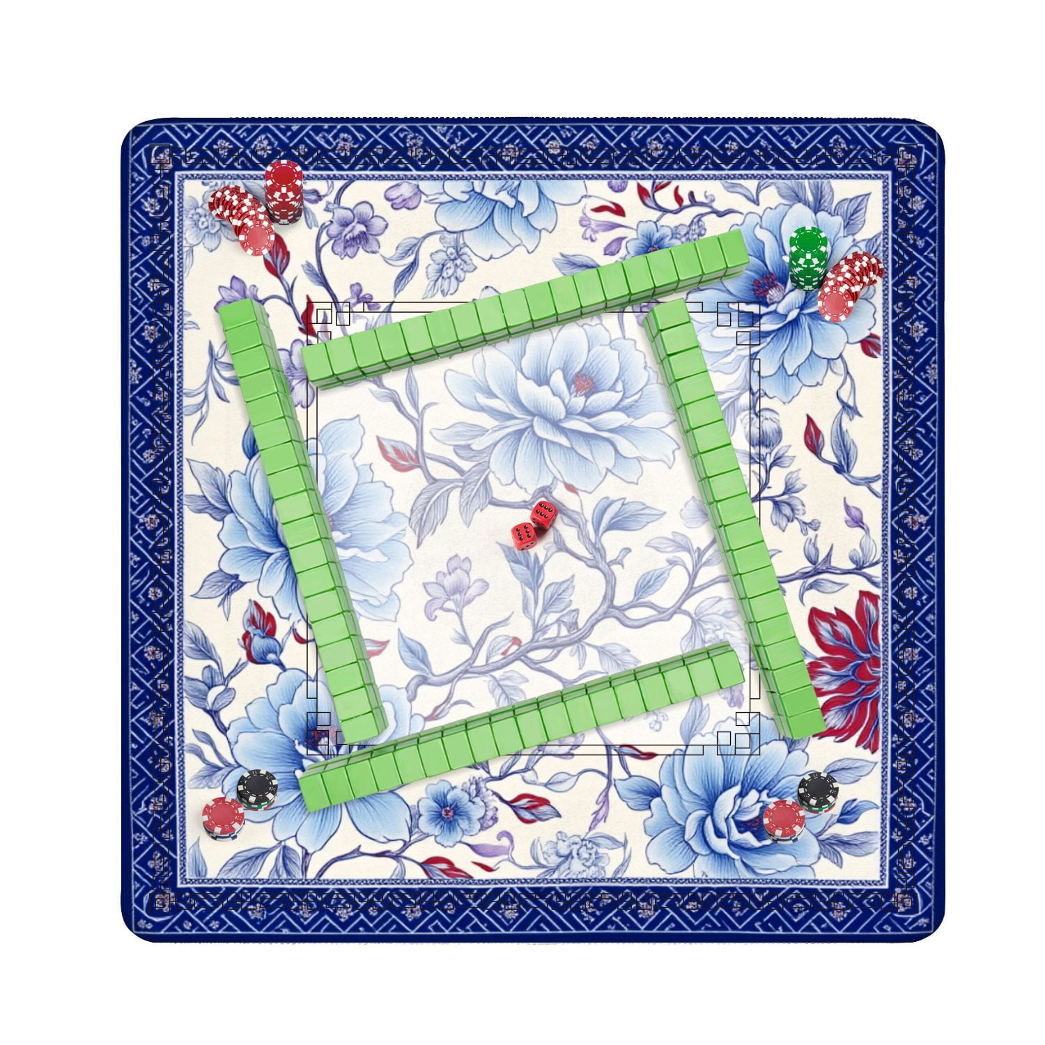 Mahjong Mat 31.5" x 31.5" Elegant Blue Floral Decorative Border Cream Non-Slip Noise Reduction American Mahjong Tiles Table Cover for Dominoes Poker Card Board Games Gift