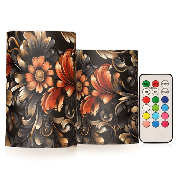 Flickering Flameless LED Candles set of 2 Battery Operated 18-Key Remotes Timer Halloween Fall Decor Red Flowers and Swirls Leaves D3''xH4''5''
