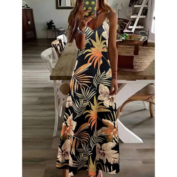 Black Tropical Leaf Print V-Neck Sleeveless Maxi Dress For Women