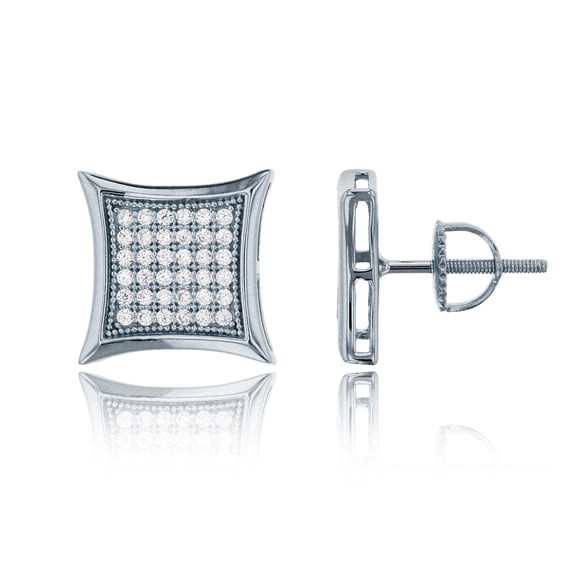 Decadence Sterling Silver Rhodium 12mm Micropave Curved Square Screw-Back Stud Earring