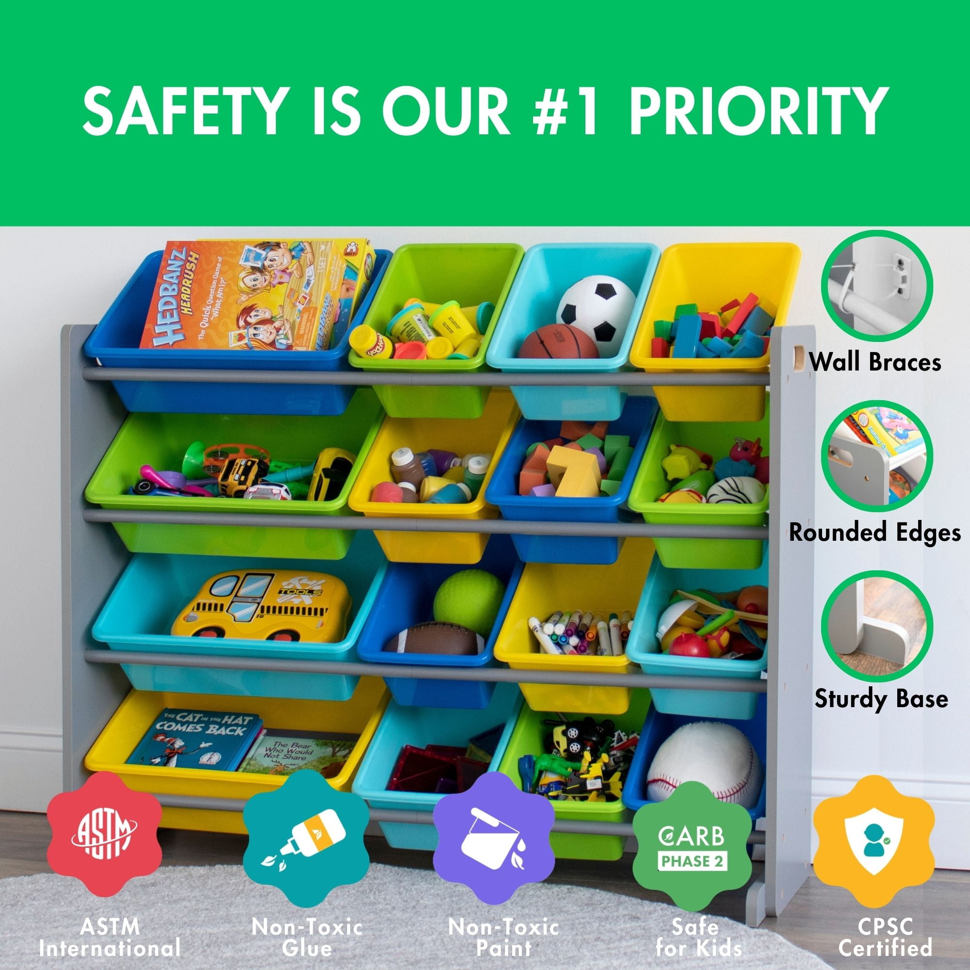 Humble Crew Storage Organizer with 16 Plastic Bins for Kids & Toddlers, Grey/Blue/Green/Yellow