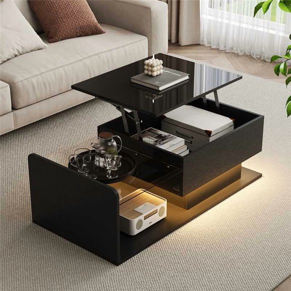 Noble House High-Gloss Lift Coffee Table, App-Controlled LED & Adjustable Height with Glass Top and Storage,Black