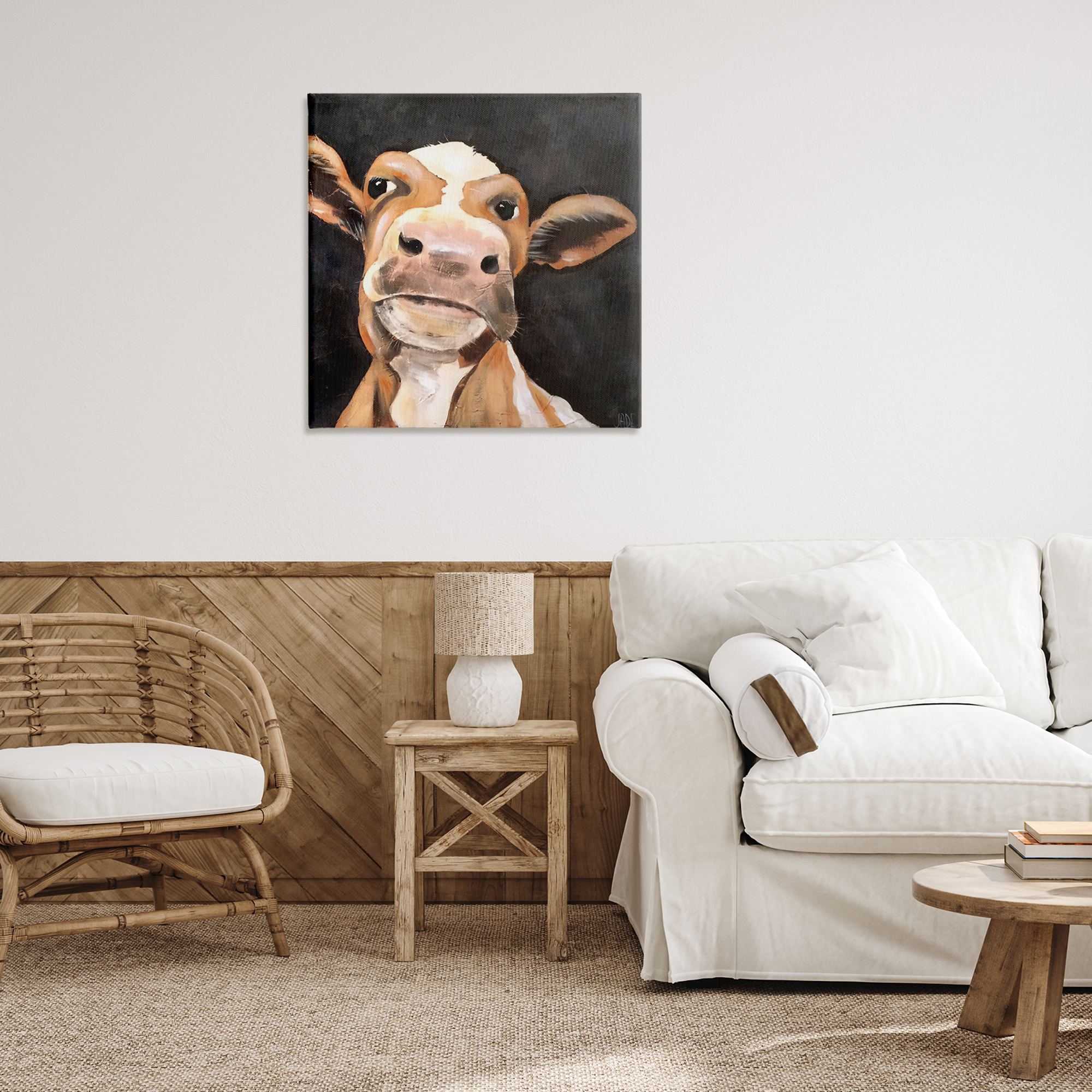Stupell Industries Country Cow on Black Animals & Insects Painting Gallery Wrapped Canvas Art Print Wall Art, 30 x 30
