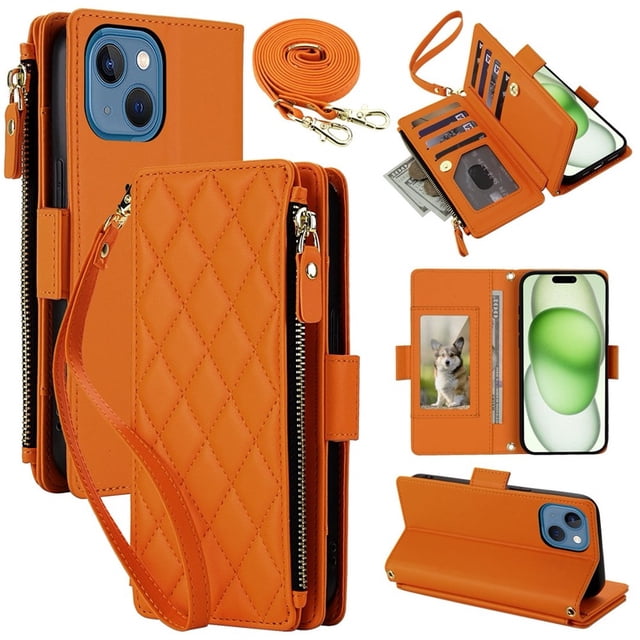 For iPhone 15 Plus RFID Blocking Wallet Case, Crossbody Purse Phone Case with 9 Card Slots, Zipper Pocket & Detachable Strap,Orange,For iPhone 15 Plus