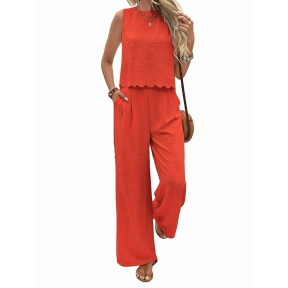 Women'S 2 Piece Outfits Vest Crew Neck Sleeveless Casual Sets Wide Leg Pants Suits Orange Color XL