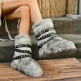 thumbnail image 4 of Rokment Womens Fuzzy Faux-Fur Mid Calf Winter Snow Boots with No Heel Fashion Punk Buckles Strappy Furry Plush Short Dress Booties Grey Size 8.5, 4 of 7