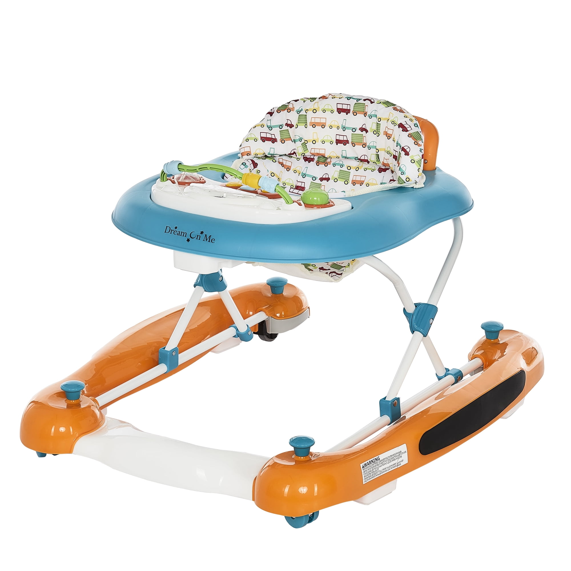 Dream On Me Go-Getter Baby Walker and Walk Behind Walker, Adjustable Seat Height, Comfortable Padded Seat, Easy to Fold, Pack and Store, Detachable Fun Tray, Orange Walker Orange