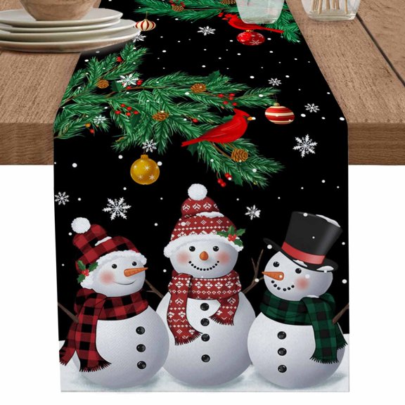 nqOlkjepod Christmas Snowman Table Runner 108 Inches Long Farmhouse Dress Scarves, Black Xmas Pine Branch Snowflake Red Birds Dining Tablerunner for Coffee Table/Kitchen Island/Party Décor, 13"x108"