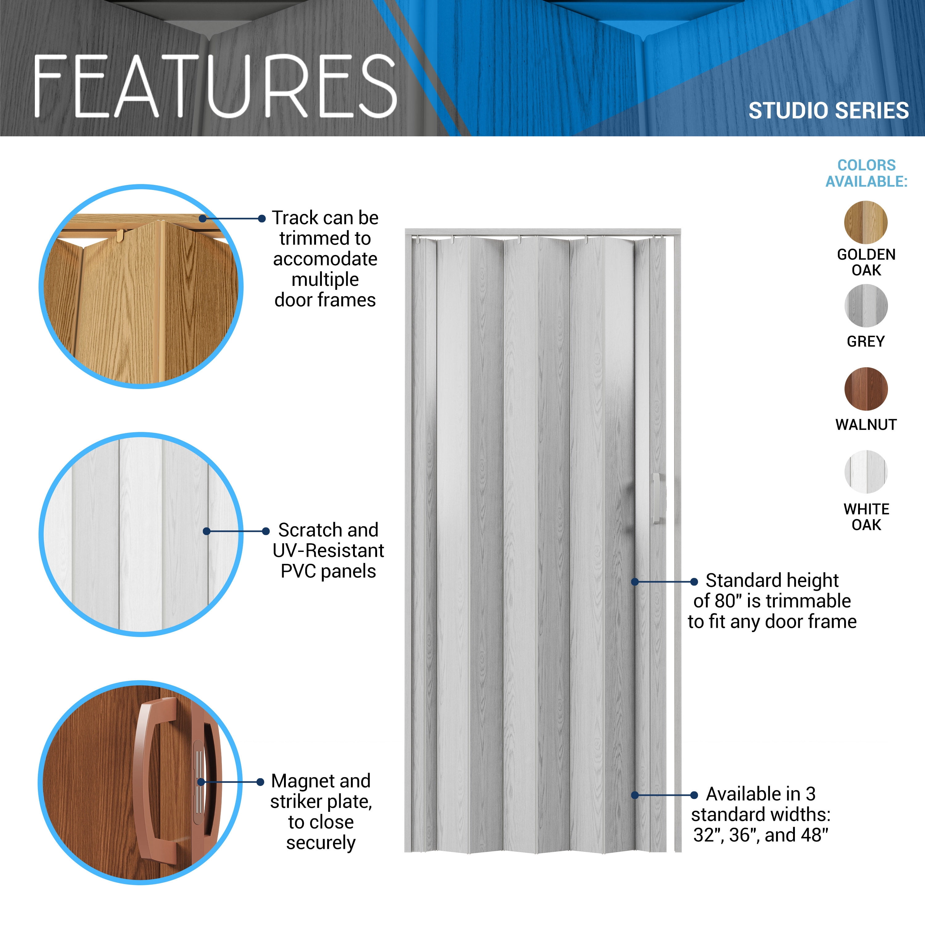 Techni Home Studio Series 32" W PVC Foldable Accordion Doors, Walnut RTA-ST32FD-WAL