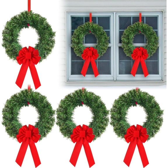 Bootesun 6PCS Christmas Wreath for Windows, 11.8 Inch Christmas Window Decorations Cabinet Wreaths with Red Bow Greenery Artificial Hanging Garlands for Fireplaces Window Home (Pine)