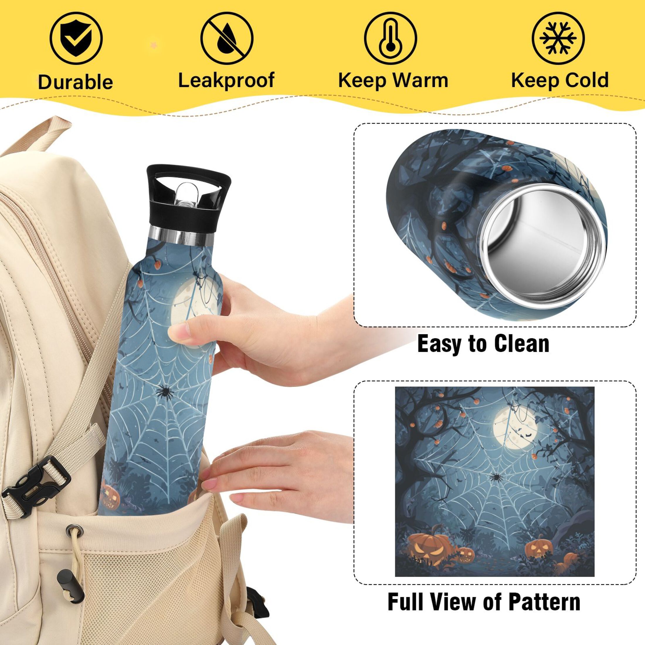Kids Insulated Stainless Steel Sports Water Bottle 600ml (20oz) Cartoon Style Spider Web