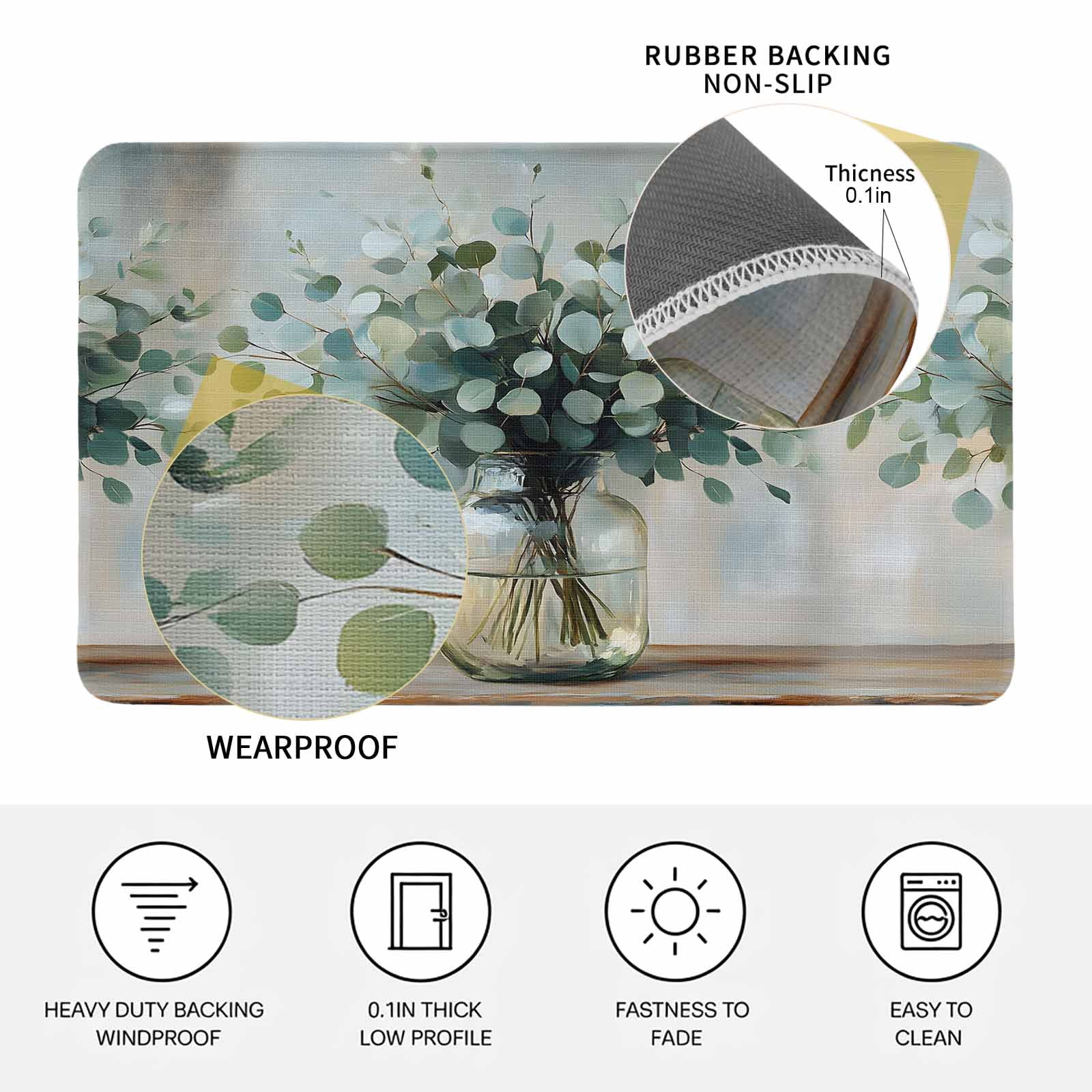 Spring Eucalyptus Doormat Outdoor Entrance 24"x36", Pastoral Botanical Leaf Retro Rustic Absorb Moisture Dirt Door Mats, Non-Slip Rubber Backing Floor Mats Indoor, Low-Profile Front Door Rugs