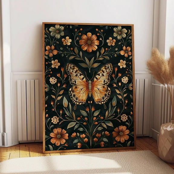 Dark Butterfly And Floral Wall Art - Midnight Botanical Illustration - Dark Academia Wildlife Print Wall Art, Modern Wall Decor, 8x12 UNFRAMED