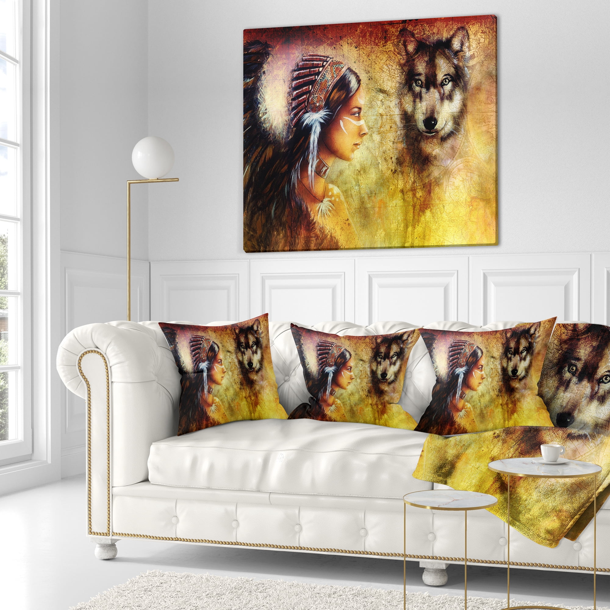 Designart Woman with Wolf - Portrait Throw Pillow - 18x18