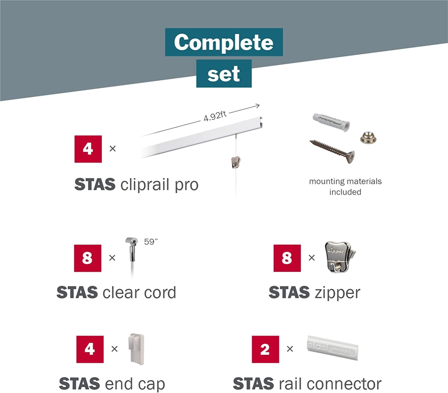STAS Cliprail Pro Picture Hanging System Set White - Covers 19.69 ft of Wall Space - Heavy Duty Picture Rail & Art Hanging Gallery Kit Without Nails - for Home or Museum Includes 8 Hooks & Cords