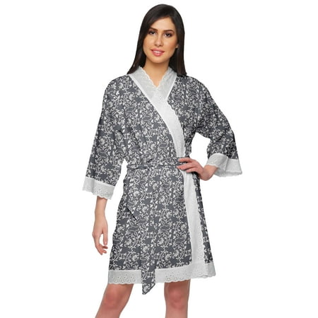 

Moomaya Cotton Printed Robe For Women Kimono Getting Ready Bridesmaid Lace Robes