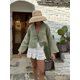 thumbnail image 2 of Camisas de manga abullonada para mujer, Tops holgados informales con cordones, blusas suaves de manga corta con cuello en V a la moda para mujer 2024, 2 of 5