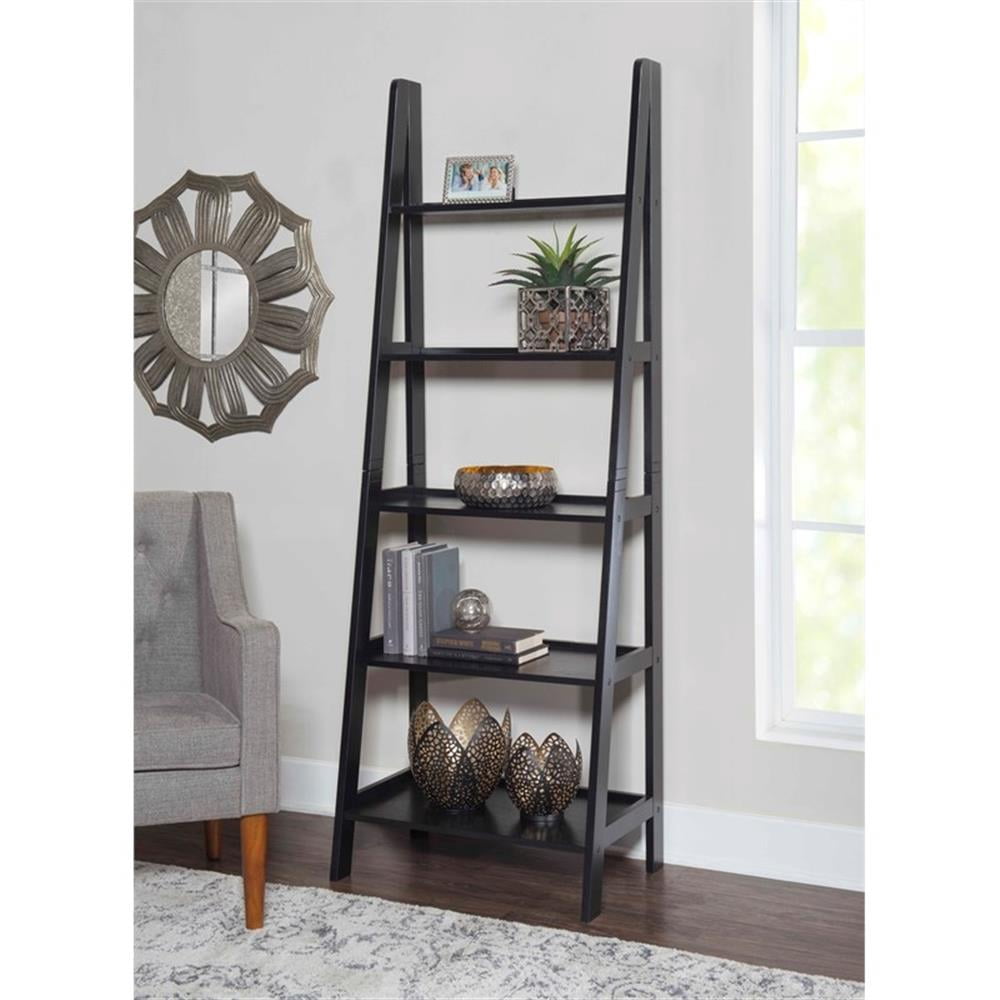 Riverbay Furniture 5-Shelf Transitional Wood Open Back Ladder Bookshelf in Black