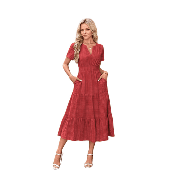 Vestido de Larga con Cuello en V, Plisado y Mangas Abullonadas Rojo XXL