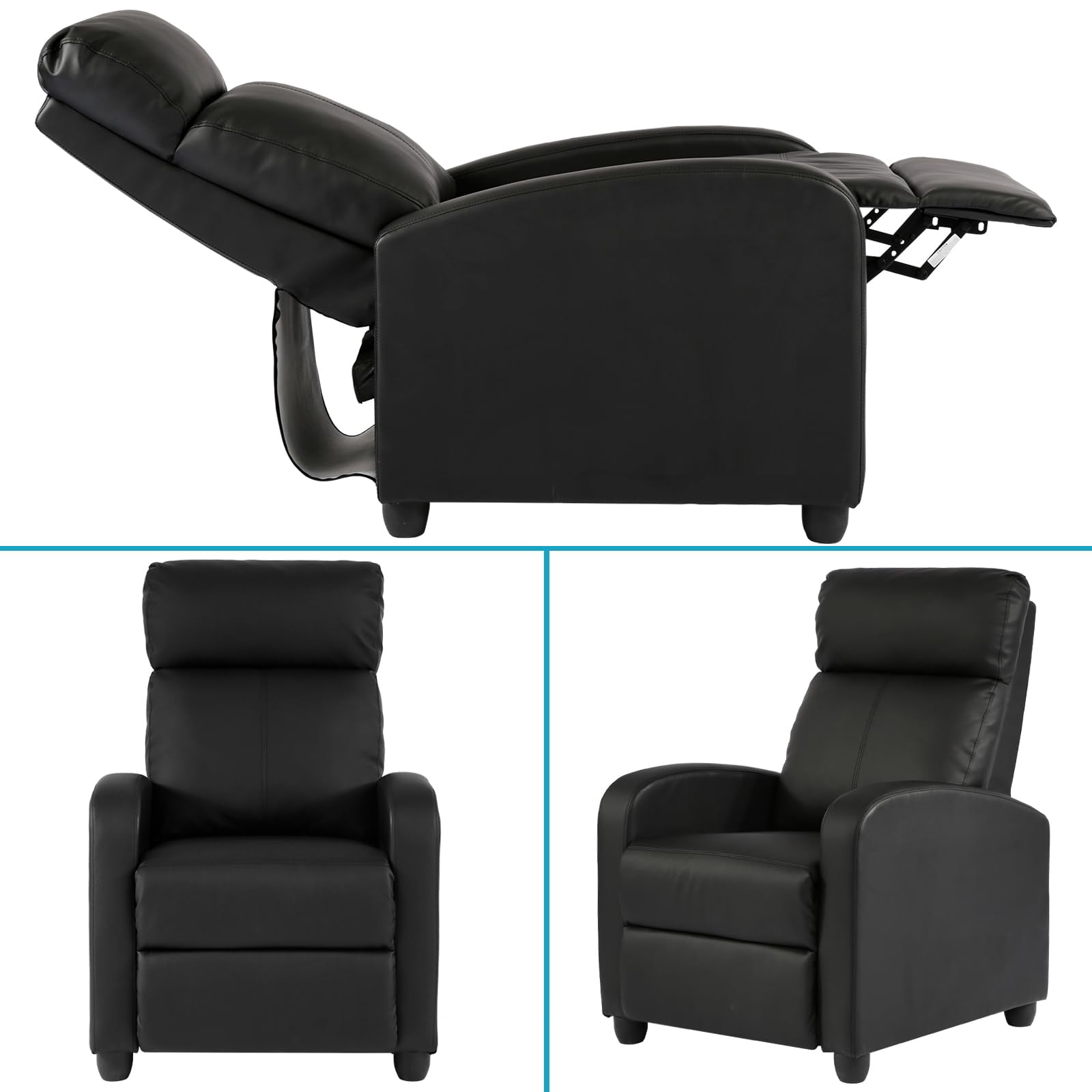 NiamVelo Recliner Chair for Adults, PU Leather Recliner Sofa with Lumbar Support, Adjustable Modern Reclining Chair with Padded Seat Backrest for Home, Living Room, Theater （Black）