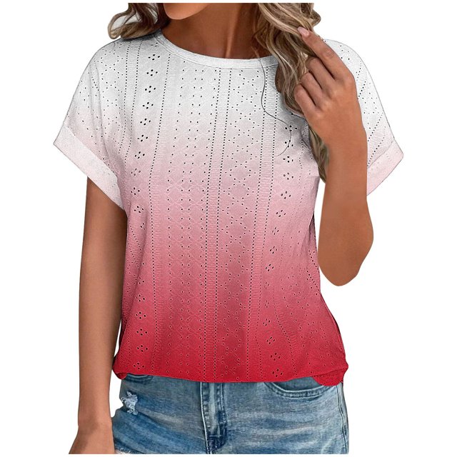 Plebaso Hauts d'Été pour Femmes T-Shirts à Œillets Mode Décontracté Manches Courtes Blouses Amples Dégradées