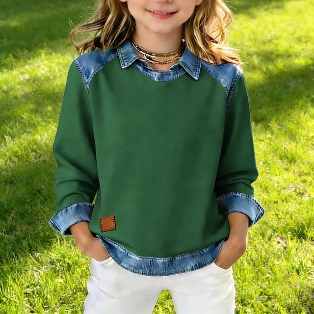 Sudadera con capucha de manga larga para niñas de 5 a 14 años, color liso, con solapa y parches de mezclilla