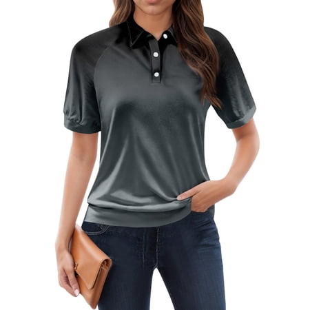 NAMTYQX Short Sleeve Shirts for Women Lounge Short Sleeve Womens Polo Shirts Lapel V Neck Soft Casual Black Size L