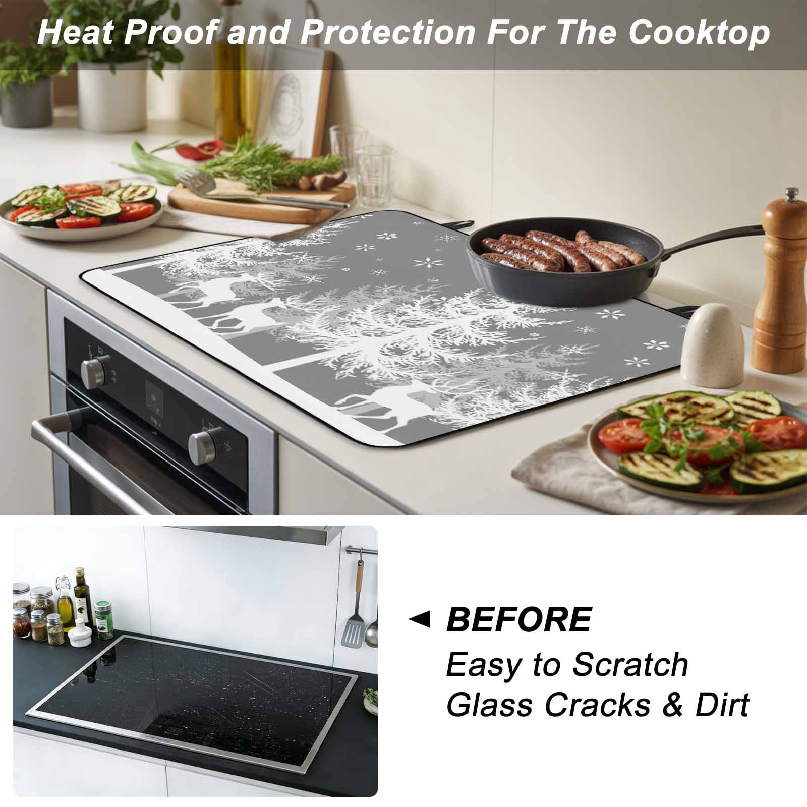 Grey Christmas Stove Top Cover for Electric Stove, Heat-proof & Non Slip Glass Top Stove Cover Protector, Xmas Tree Snowflake Elk Kitchen Flat Cooktop Rubber Mat 24x21 Inches