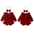 thumbnail image 4 of URMAGIC Baby Girl Long Sleeve Solid Color Cute Romper Ruffle Jumpsuit+Headband 2 Piece Set, 4 of 12