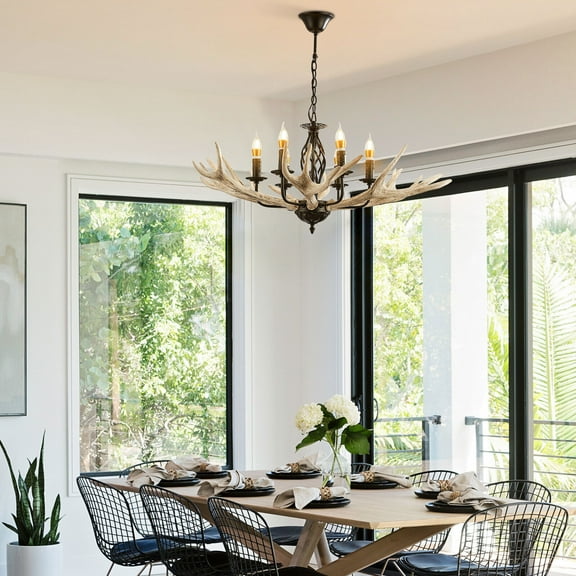 Miumaeov Vintage Antler Chandelier 6 Lights Resin Deer Horn Pendant Lamp Restaurant Dining Room Lighting Fixture