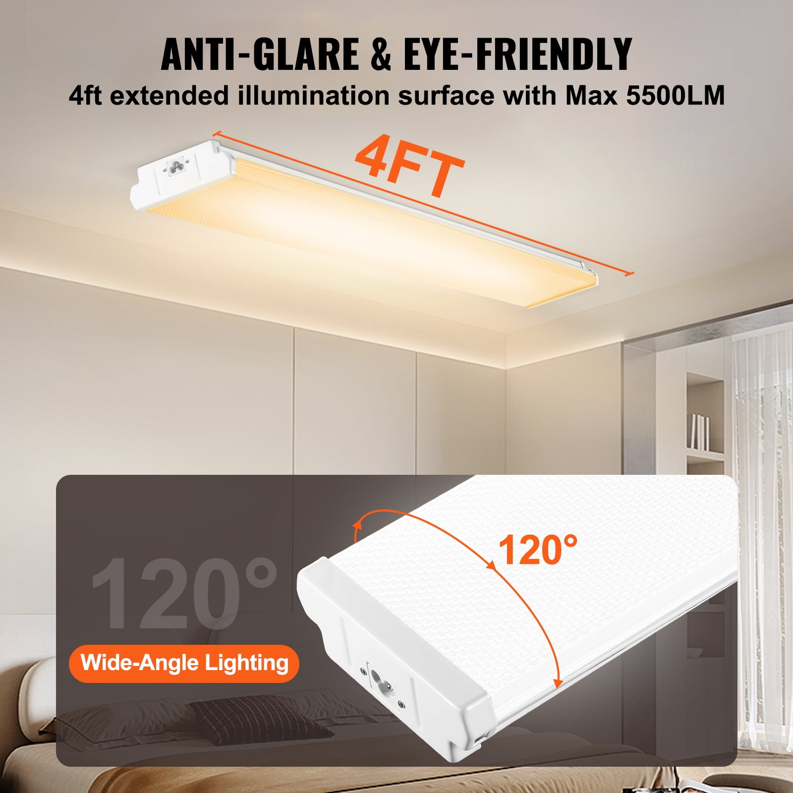 SKYSHALO 4FT LED Wraparound Light 50W 5500LM Flush Mount LED Shop Light FCC