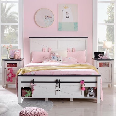 T4TREAM Farmhouse Wood Platform Bed Frame, Full Size Bed Frame with Headboard and 3 Barn Door Storage Cabinets, No Box Spring Required, White