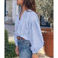 thumbnail image 4 of PRETTYGARDEN Women Fall Plaid Long Puff Sleeve Shirts V Neck Casual Blouses Gingham Button Down Oversized, Pleated Drop Shoulder Cotton Tops, Dressy Casual, Work Vacation Travel, Fall Outfits Trendy, 4 of 8