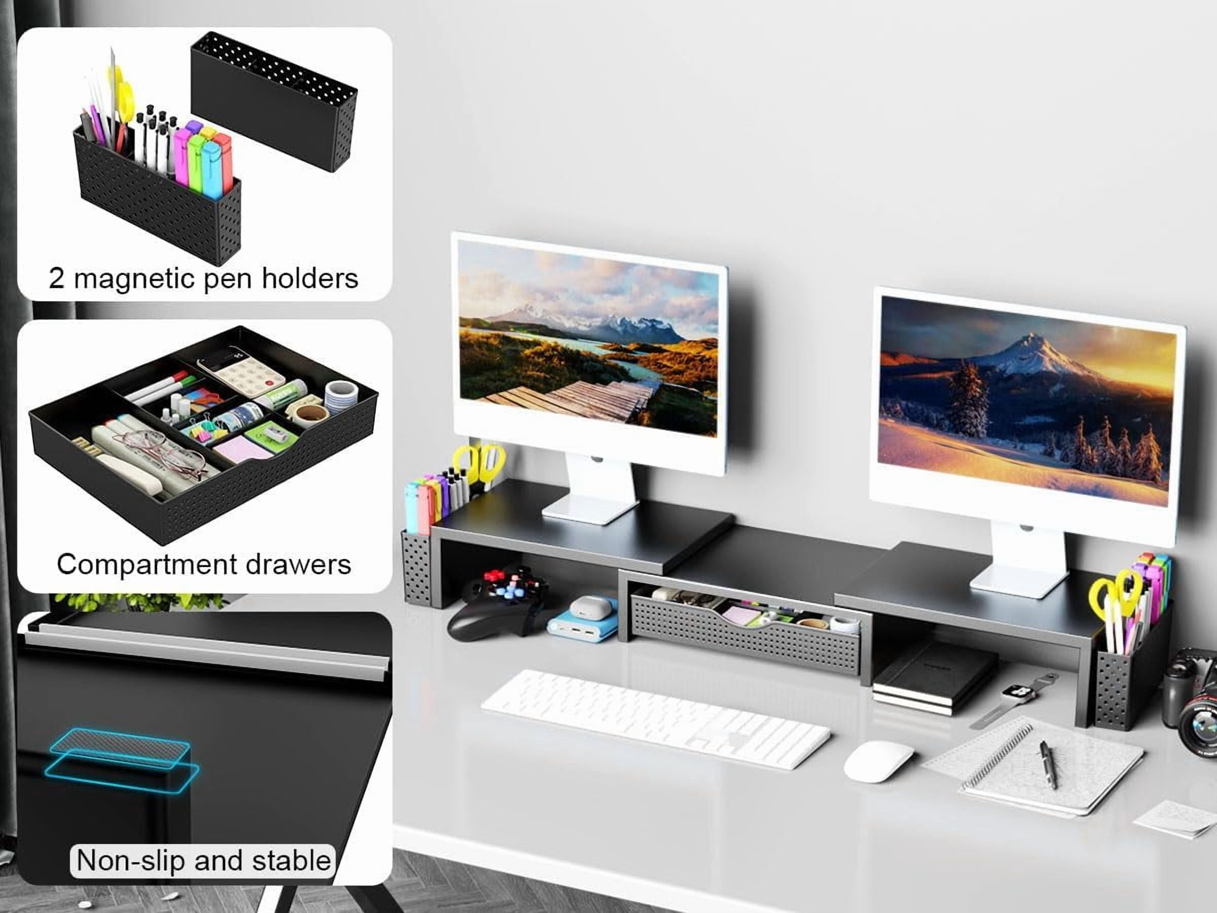 Metal Desk Organizers and Accessories, Dual Monitor Stand Riser with Drawer and 2 Pen Holders, Desk Accessories & Workspace Desktop Organizers for Office Supplies (Dark Gree)