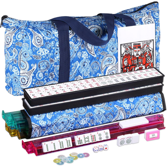 American Mahjong Set, 166 Mahjong Tiles, 4 Integrated Colored Tile Holders/Pushers, Soft Bag, Full-Size Complete Mahjong Set (Blue)