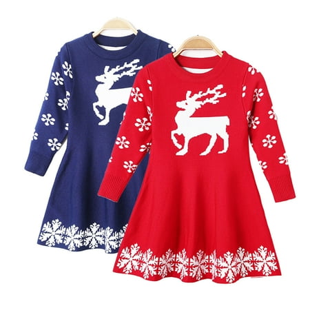 

KYAIGUO Toddler Kids Girls Christmas Knit Dress Reindeer Snowflake Xmas Gifts Winter Knit Onesies Sweater Dresses Crew Neck Long Sleeve Sweater Shirt