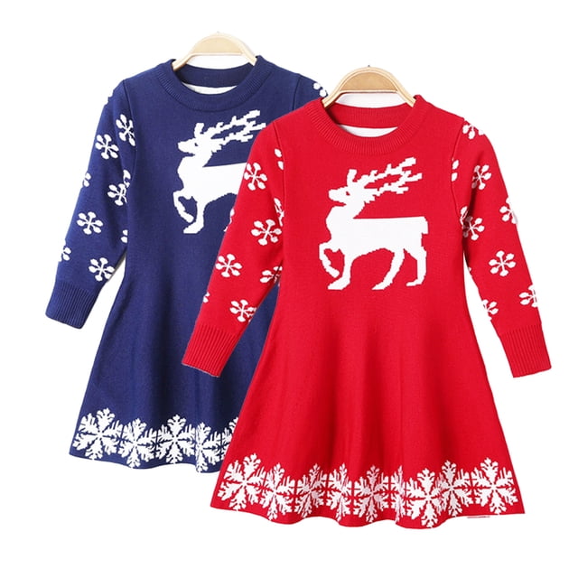 Beautyzll Robe Pull de Noël pour Enfants Filles Cadeaux de Noël Robe Pull Tricotée Renne Manches Longues Robe Pull Princesse 2-7 Ans