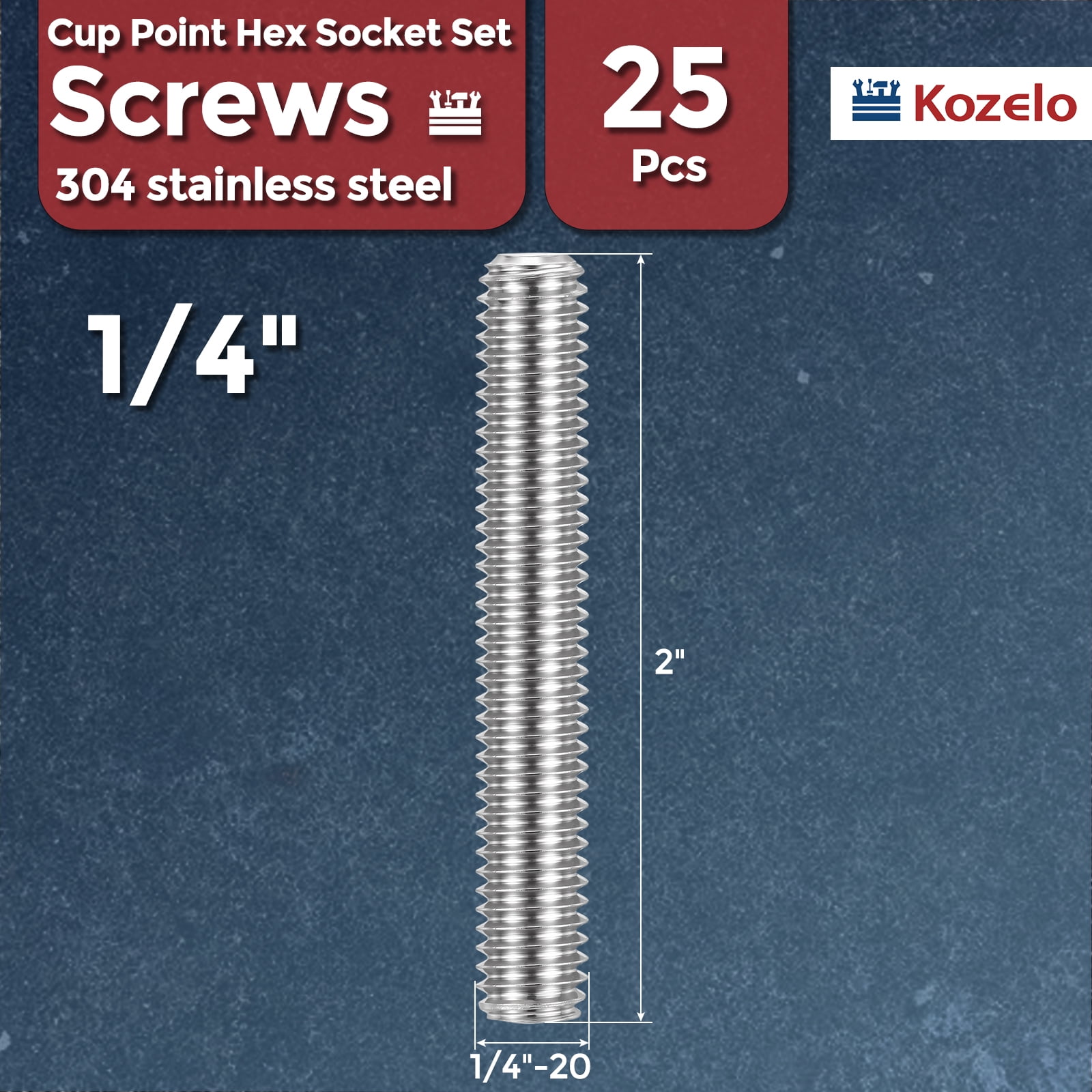 Uxcell 25pcs Cup Point Hex Socket Set Screws - [1/4"-20x2"] 18-8 Stainless Steel Headless Allen Head Grub Set Screw with Hex Key Wrench for Door Handle, Bathroom Fixture & Towel Rack