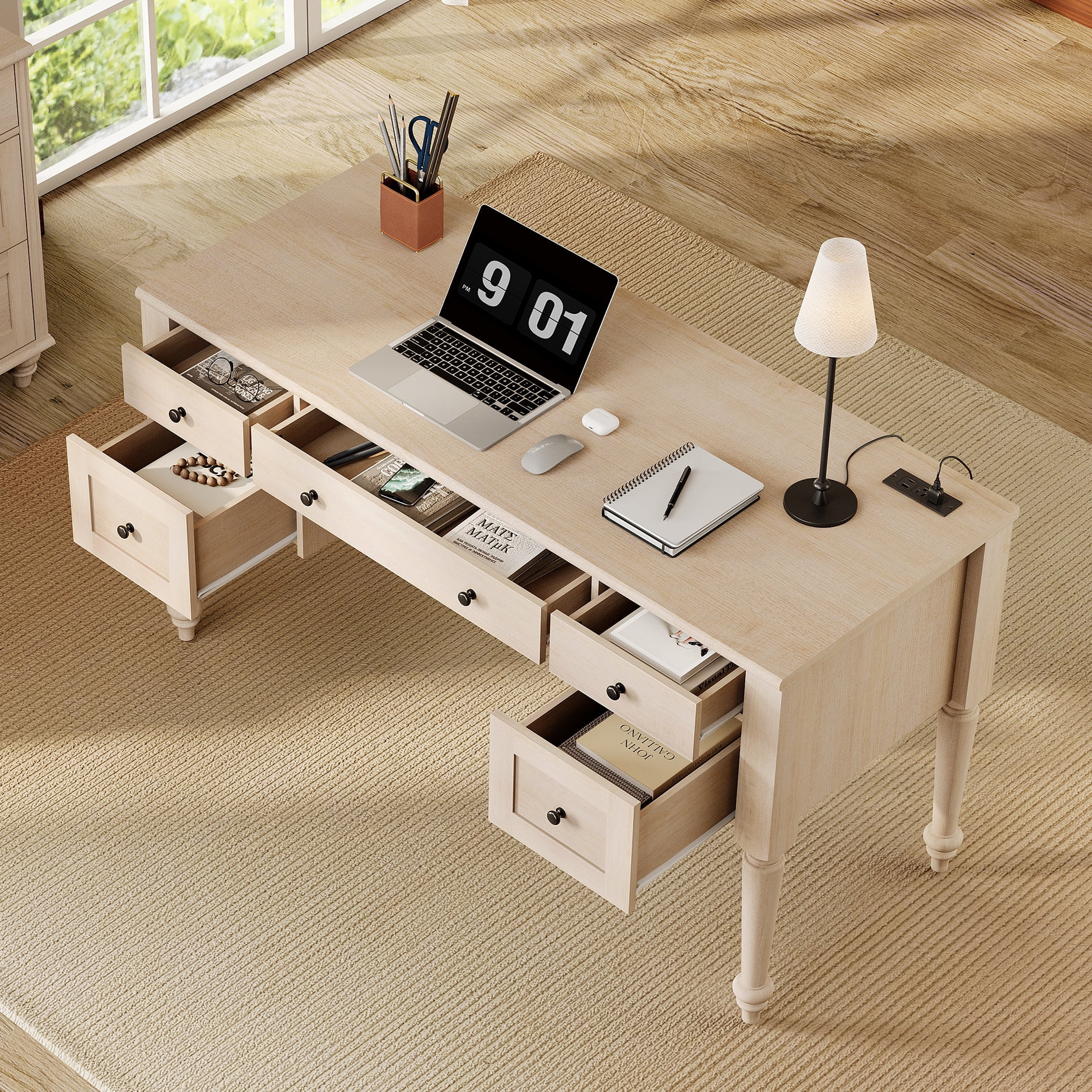 WAMAPT Farmhouse Executive Desk with 5 Drawers, Home Office Desk with Charging Station, Wooden Computer Desk with File Cabinet Storage, Open Shelf for Work and Study, Beige, 56 inch
